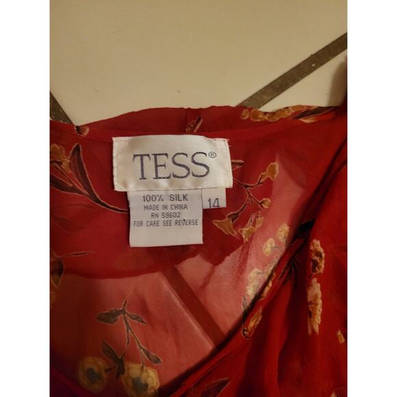 Vtg Tess Flare Sleeve Ruffle V Neck Tie-Front Floral Silk Sheer Top Red Size 14 - Picture 8 of 11